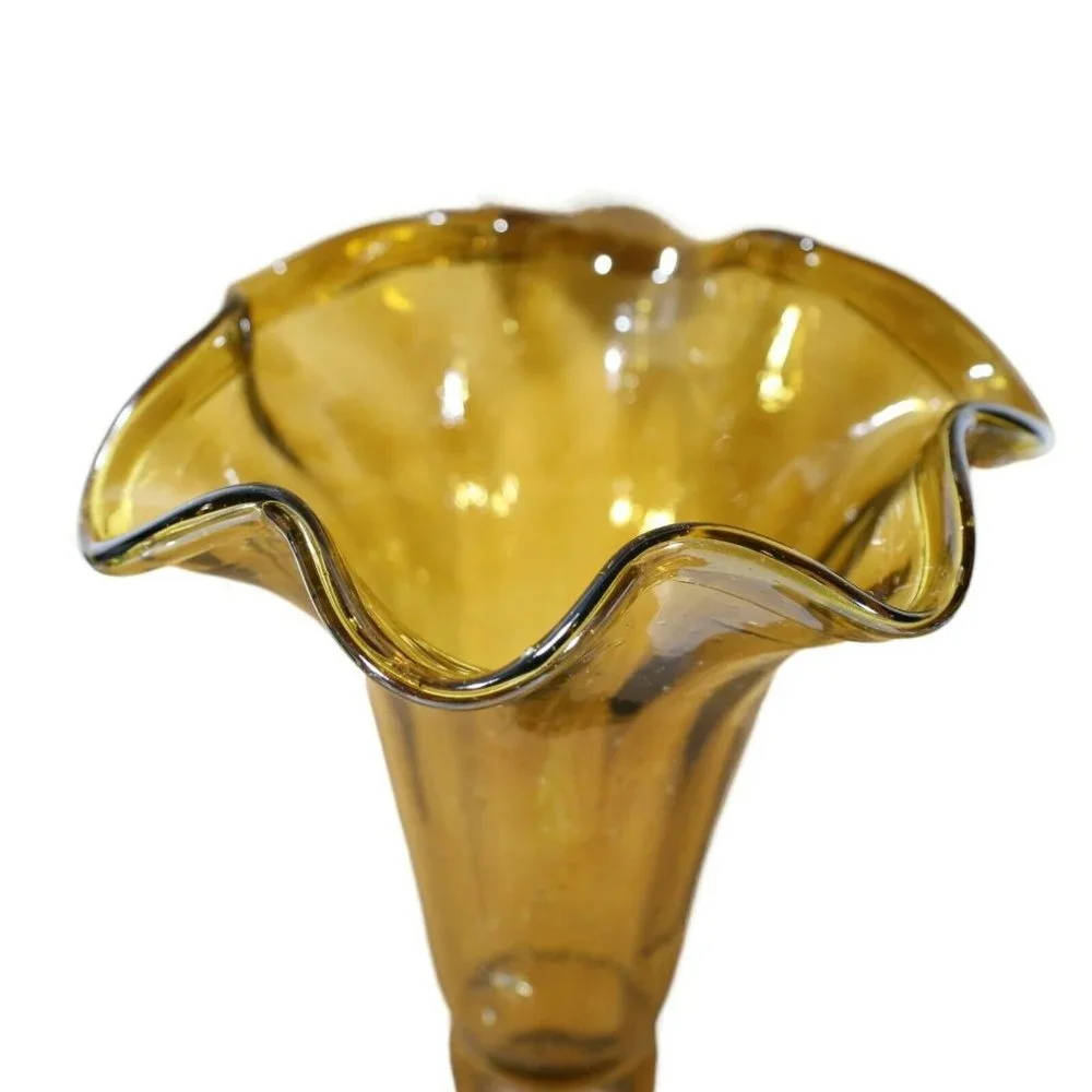 Scalloped Bubble Glass Amber Flower Vase Trumpet Beaded Stem 12